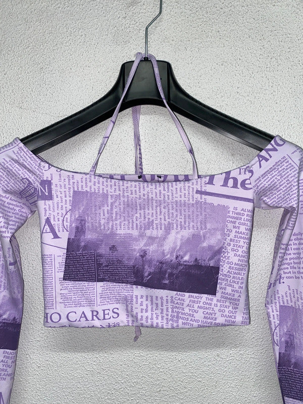 VINTAGE y2k newspaper print open shoulder top (S)