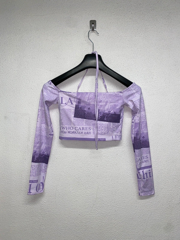 VINTAGE y2k newspaper print open shoulder top (S)