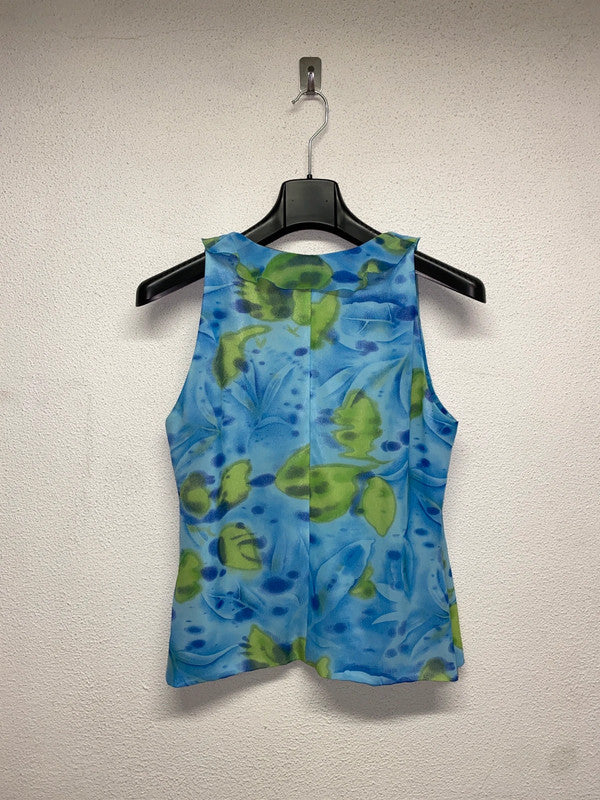 VINTAGE y2k aqua blue orchid print riffles top (M)