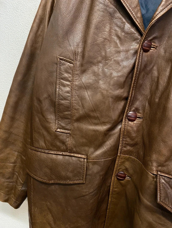 VINTAGE brown distressed leather midi jacket (XL)
