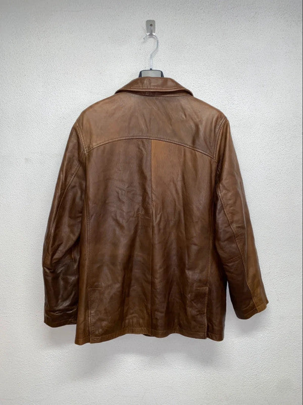 VINTAGE brown distressed leather midi jacket (XL)