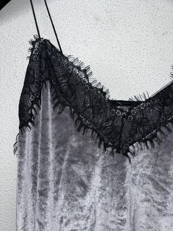 VINTAGE grey and black velvet lace cami top (M)