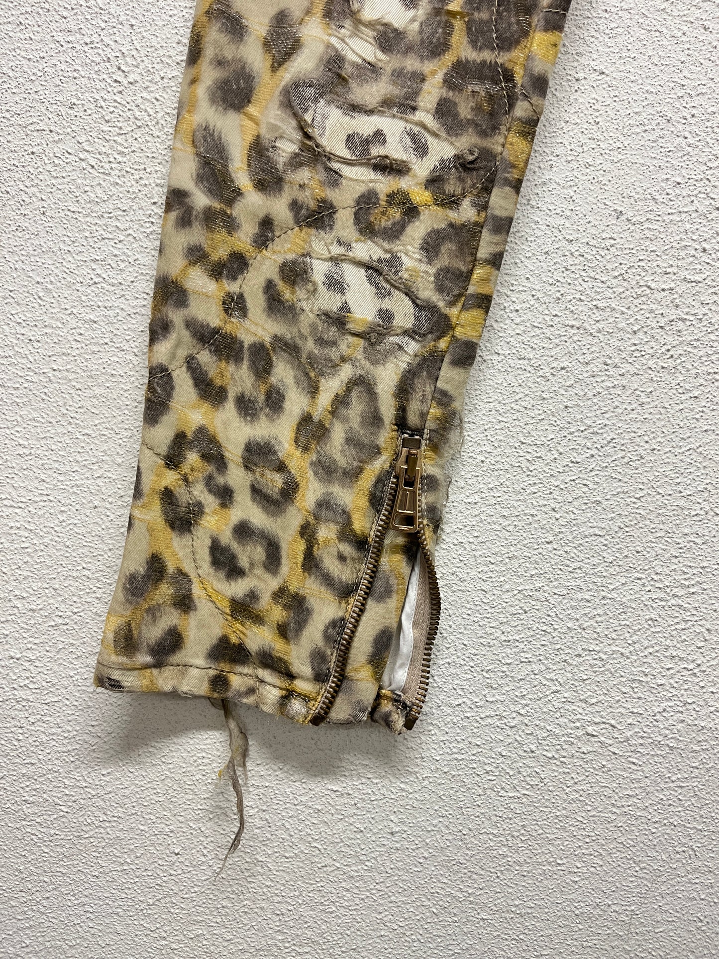 ROBERTO CAVALLI cotton leopard print distressed sheer slim fit with bead detailing trousers (M)