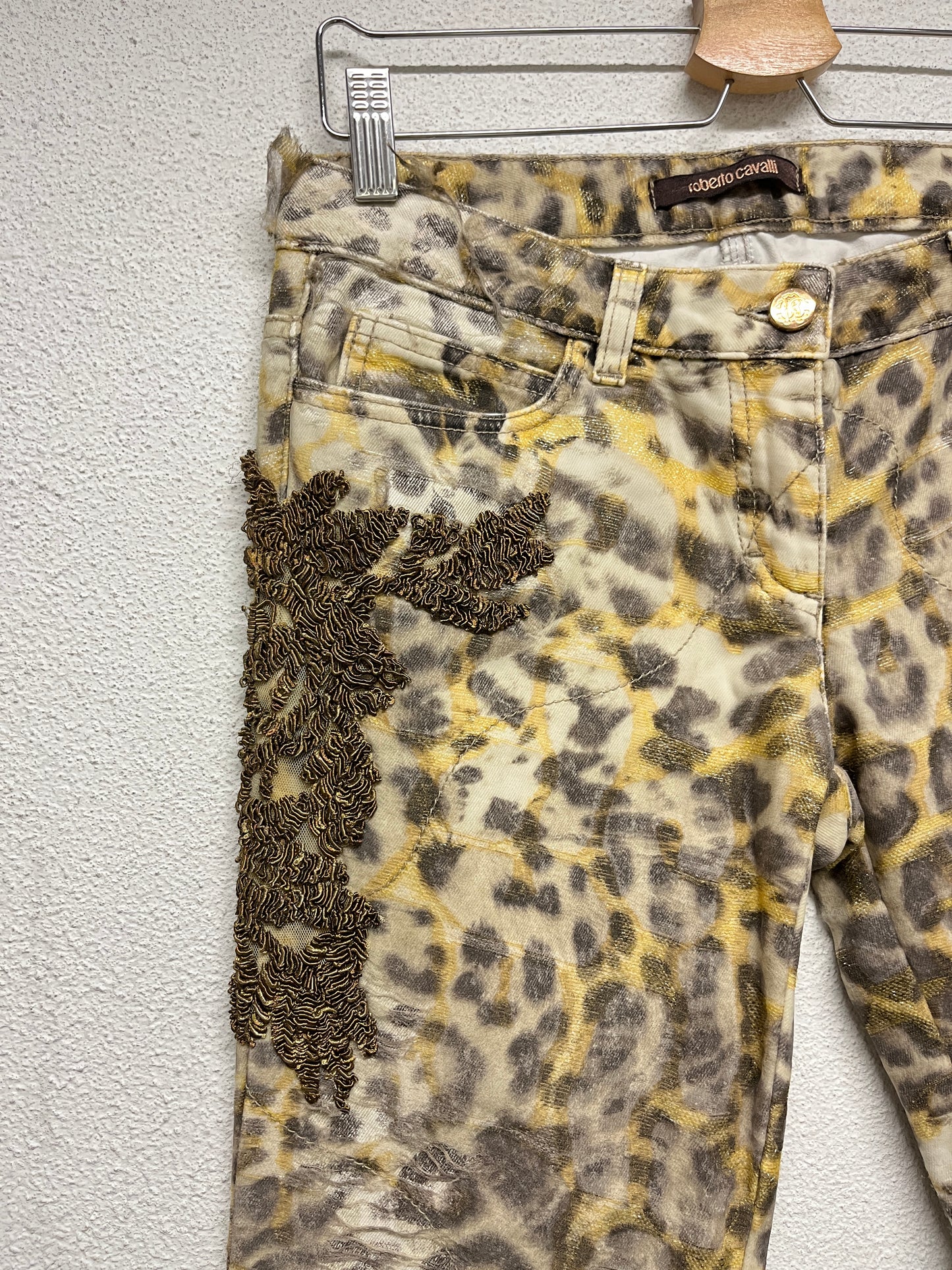 ROBERTO CAVALLI cotton leopard print distressed sheer slim fit with bead detailing trousers (M)