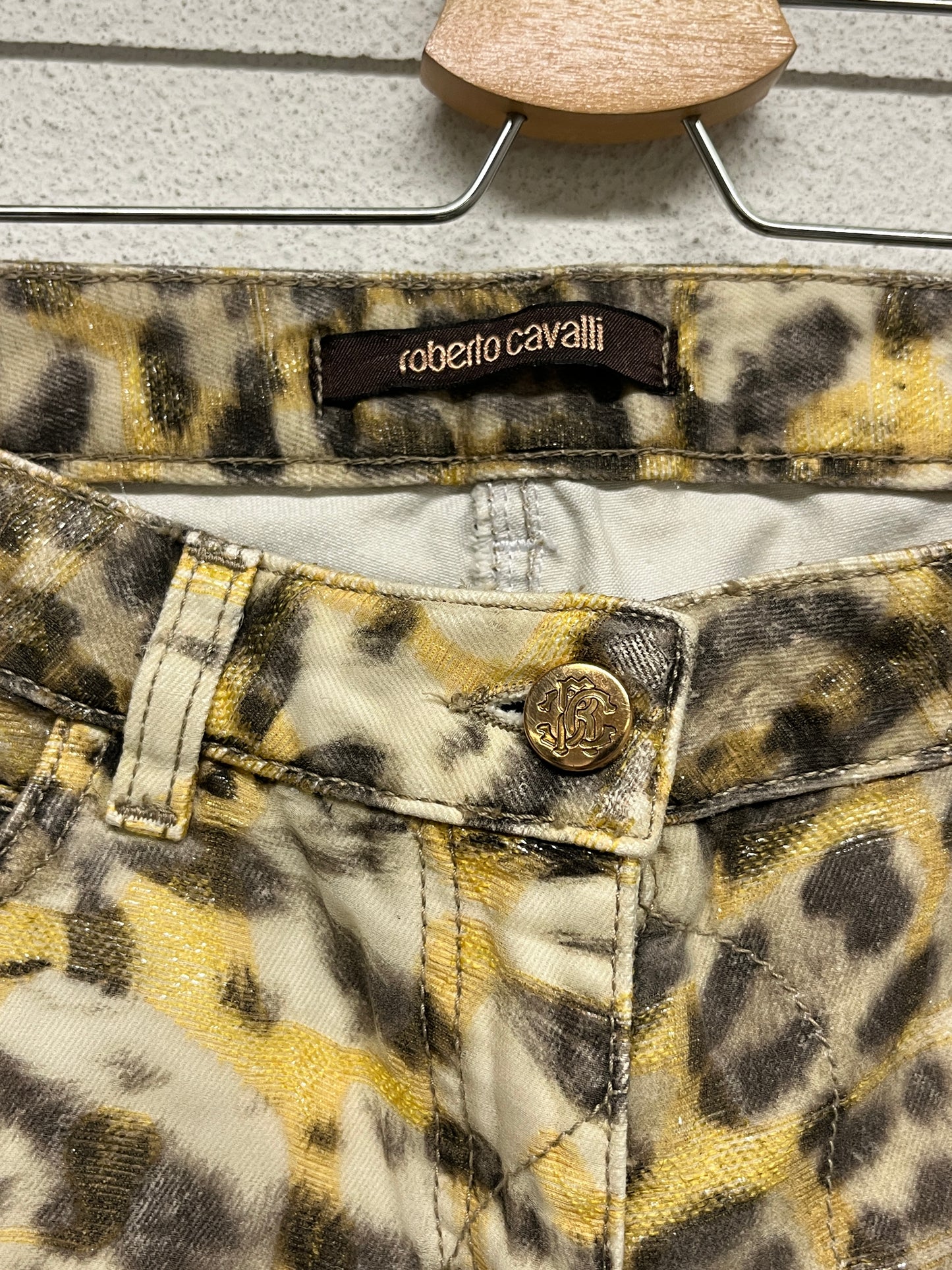 ROBERTO CAVALLI cotton leopard print distressed sheer slim fit with bead detailing trousers (M)