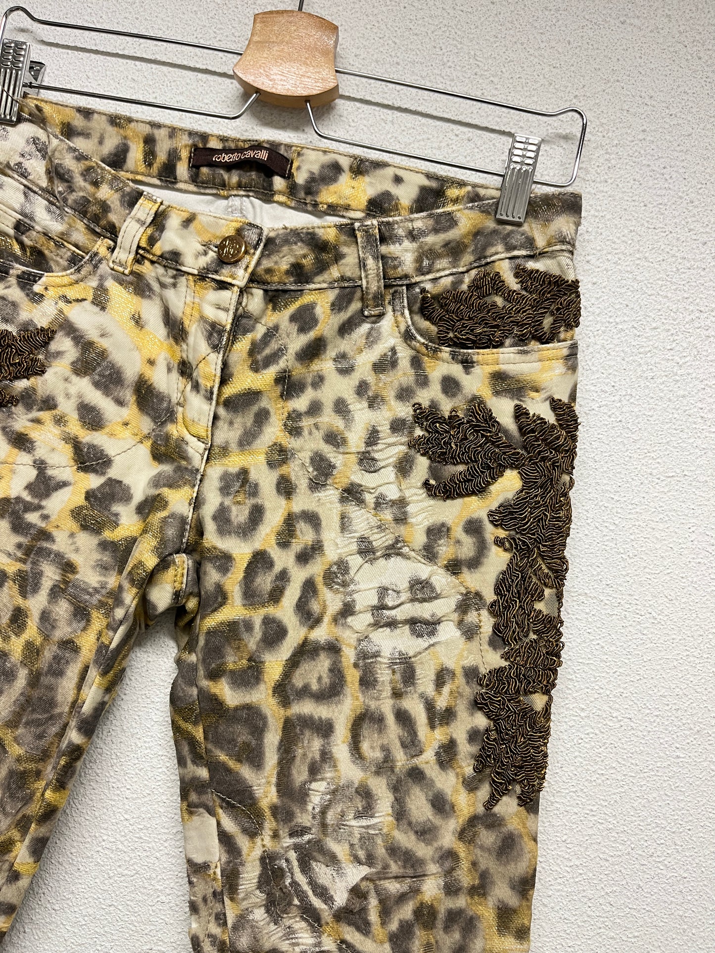 ROBERTO CAVALLI cotton leopard print distressed sheer slim fit with bead detailing trousers (M)