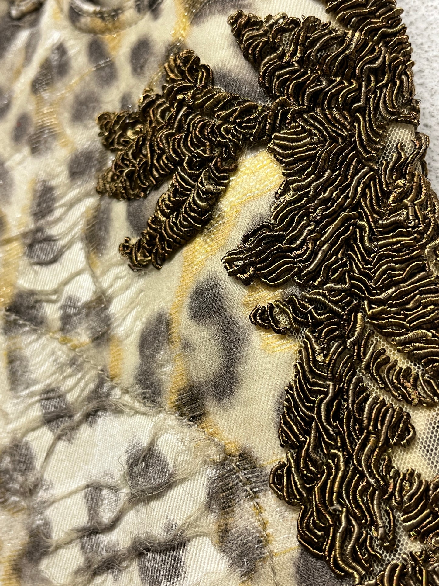 ROBERTO CAVALLI cotton leopard print distressed sheer slim fit with bead detailing trousers (M)