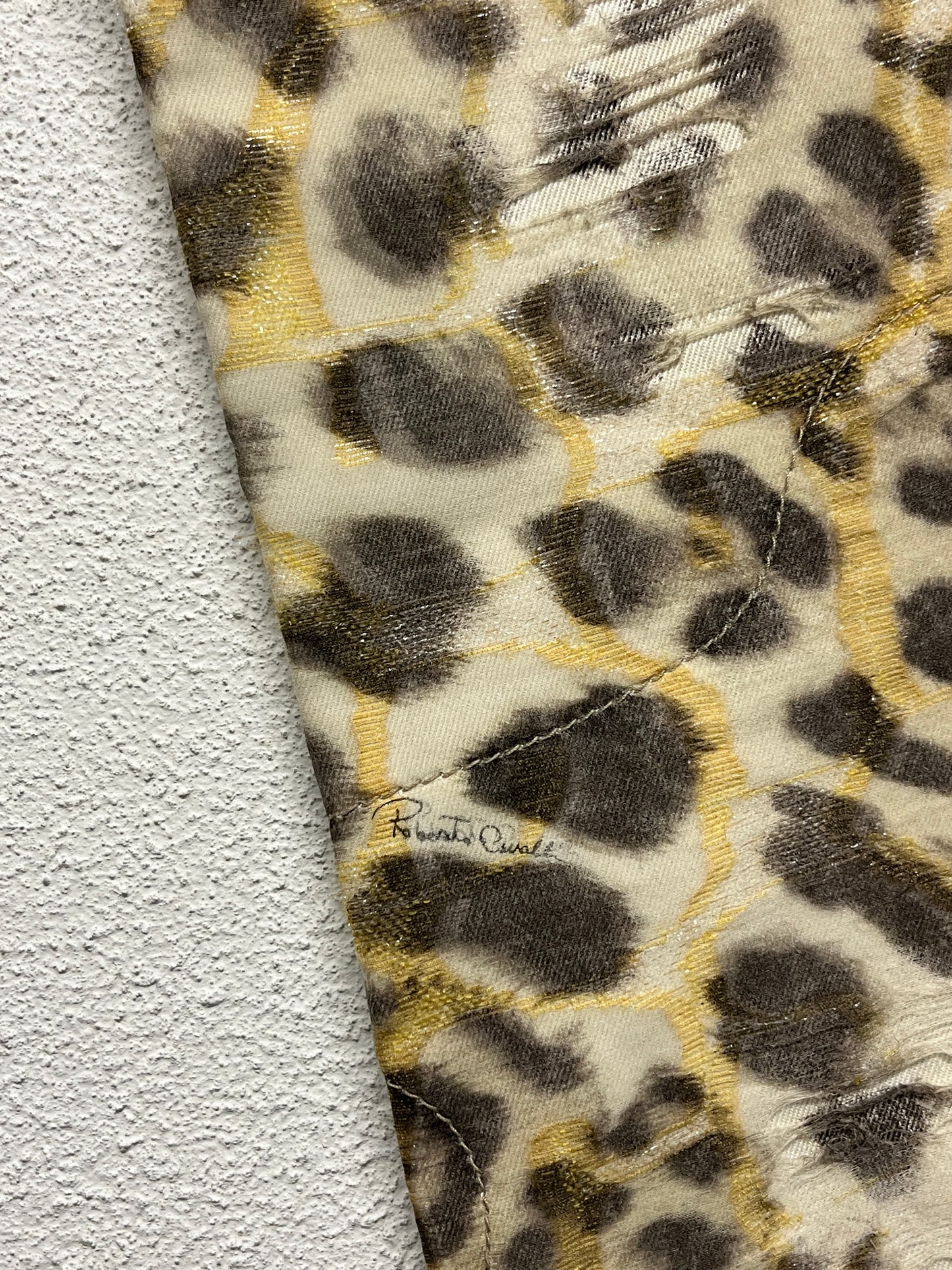 ROBERTO CAVALLI cotton leopard print distressed sheer slim fit with bead detailing trousers (M)