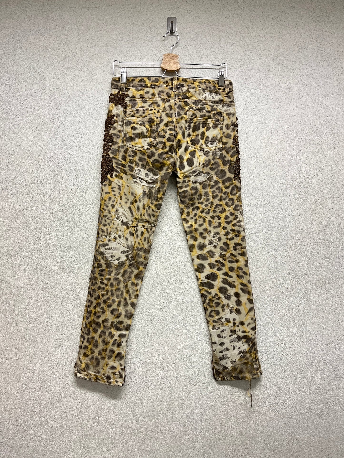 ROBERTO CAVALLI cotton leopard print distressed sheer slim fit with bead detailing trousers (M)