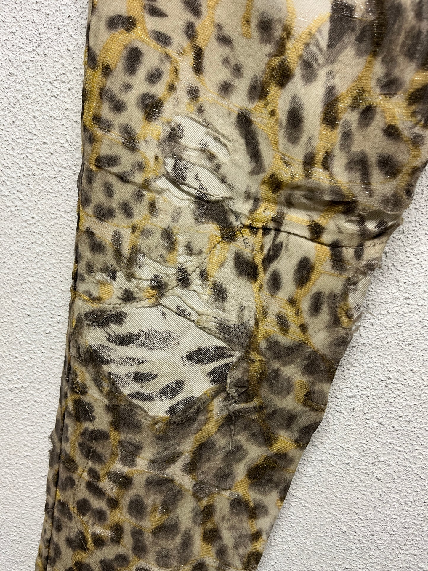 ROBERTO CAVALLI cotton leopard print distressed sheer slim fit with bead detailing trousers (M)
