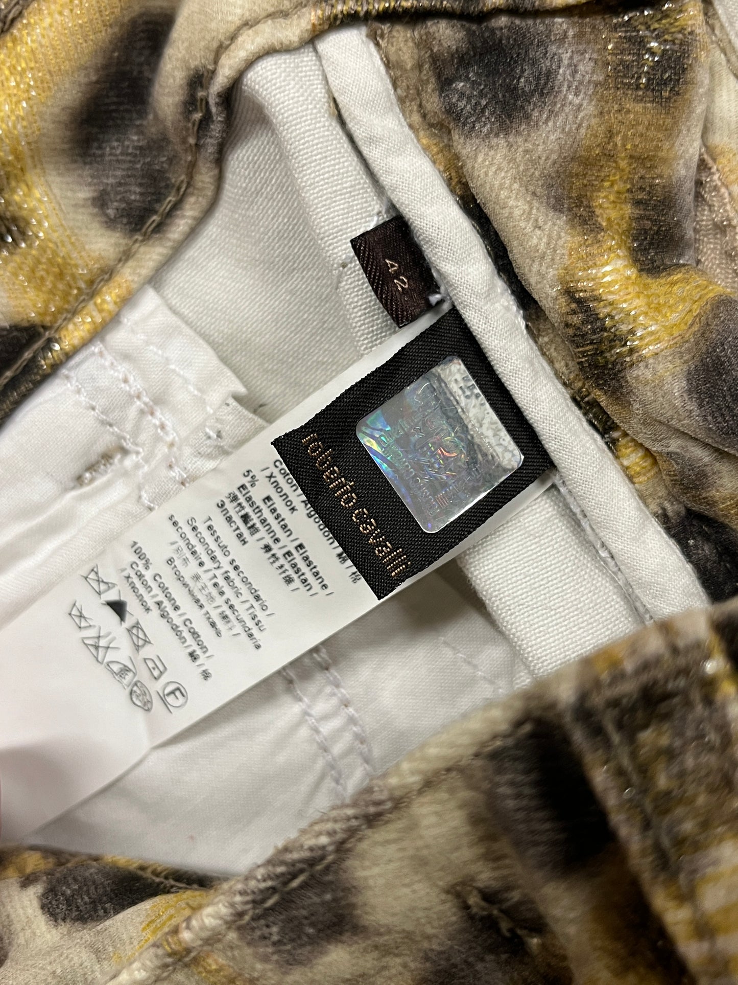 ROBERTO CAVALLI cotton leopard print distressed sheer slim fit with bead detailing trousers (M)