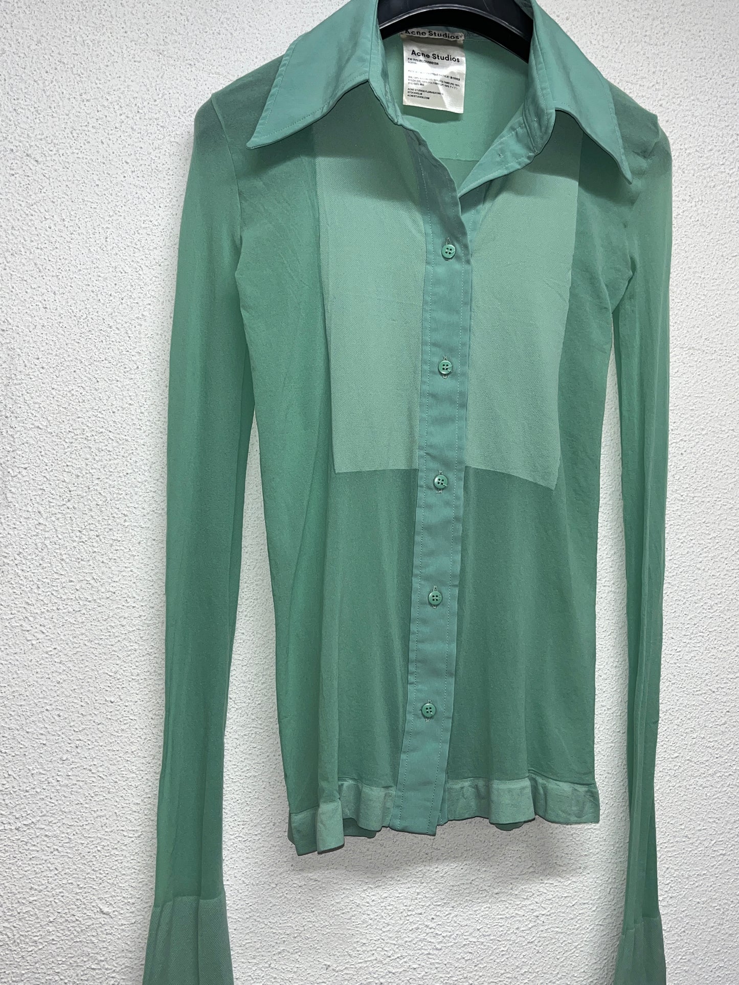 ACNE STUDIOS green sheer nylon stretchy shirt with extended sleeves (XS)