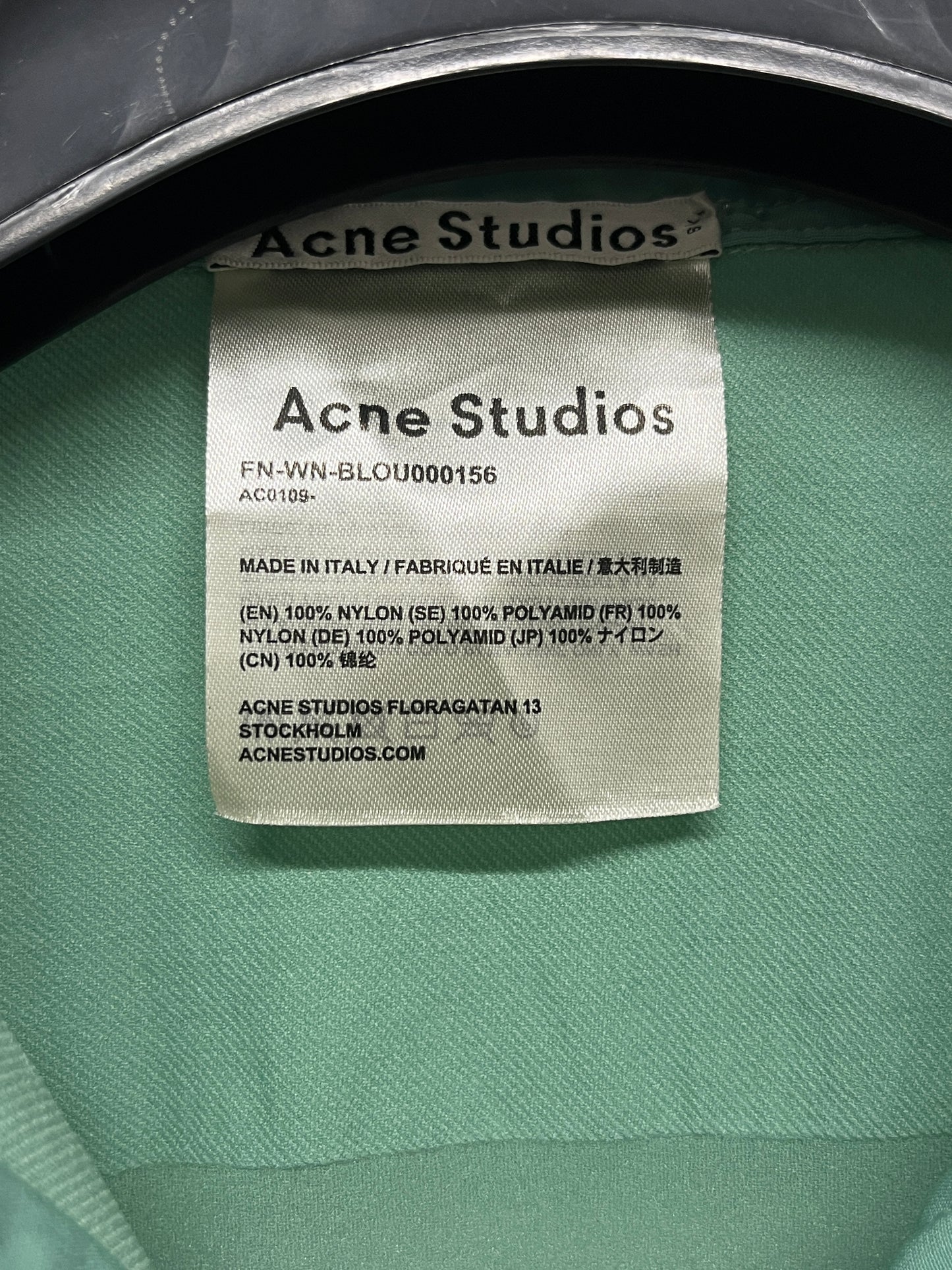 ACNE STUDIOS green sheer nylon stretchy shirt with extended sleeves (XS)