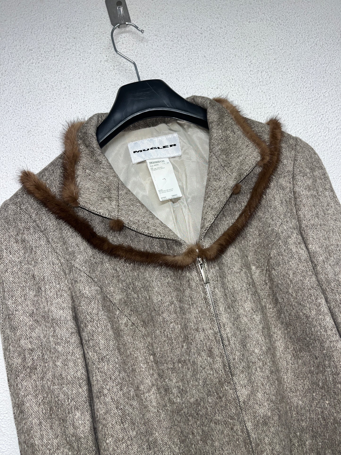 MUGLER wool zip-up blazer with fur collar (M)