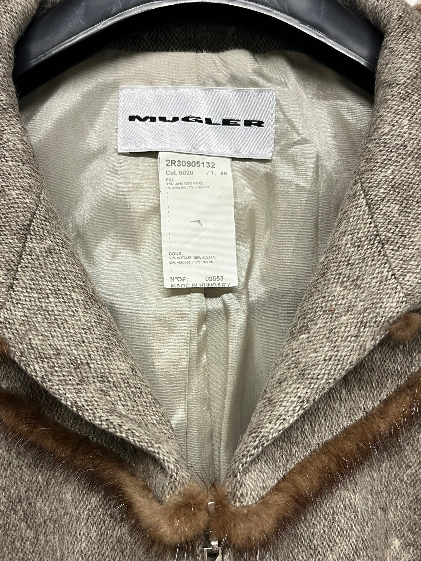 MUGLER wool zip-up blazer with fur collar (M)