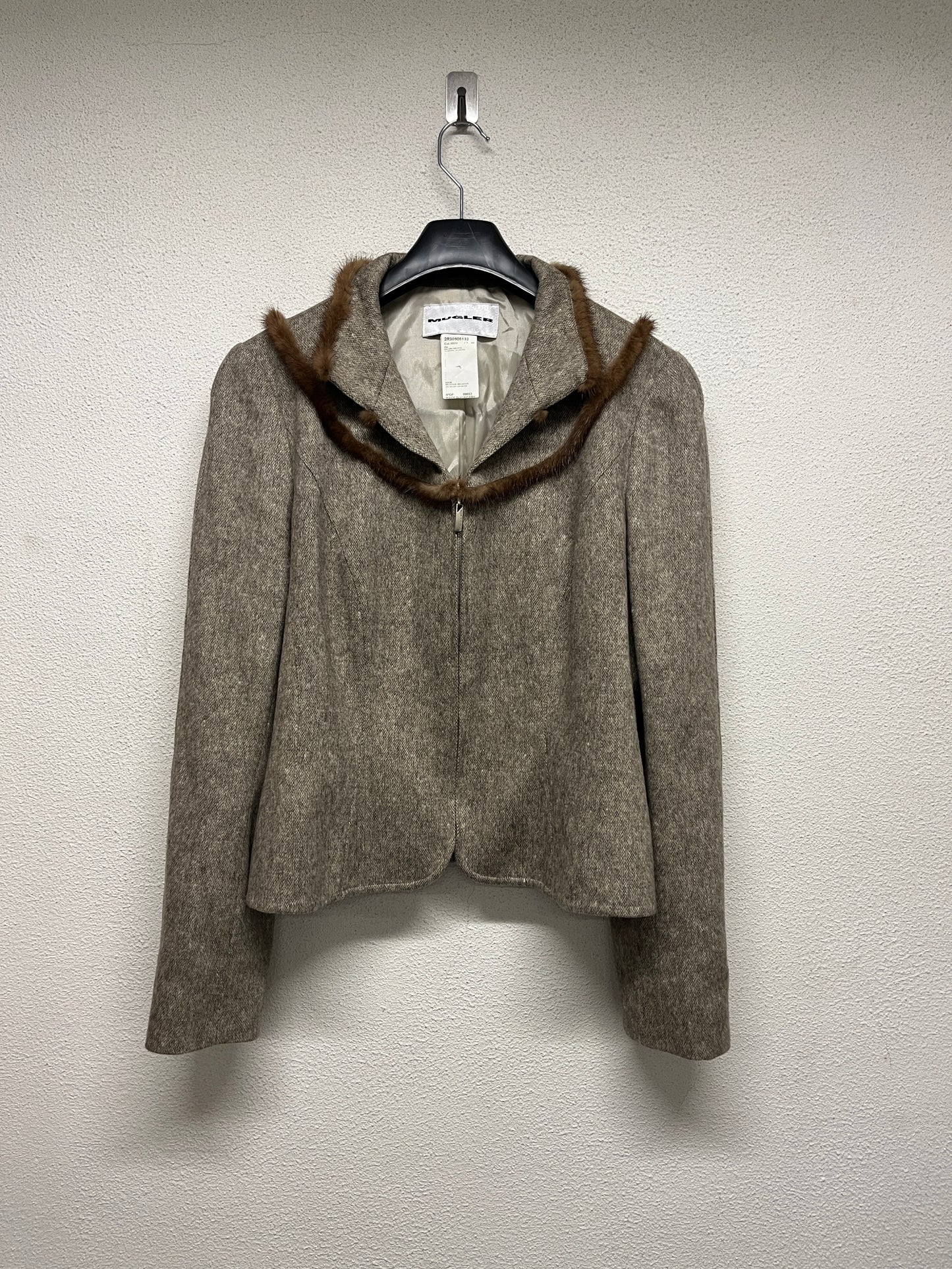 MUGLER wool zip-up blazer with fur collar (M)