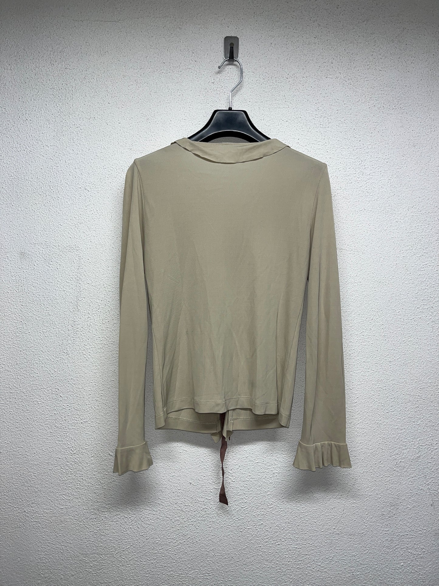 JIL SANDER beige-grey ruffled stretchy tied cardigan (S)