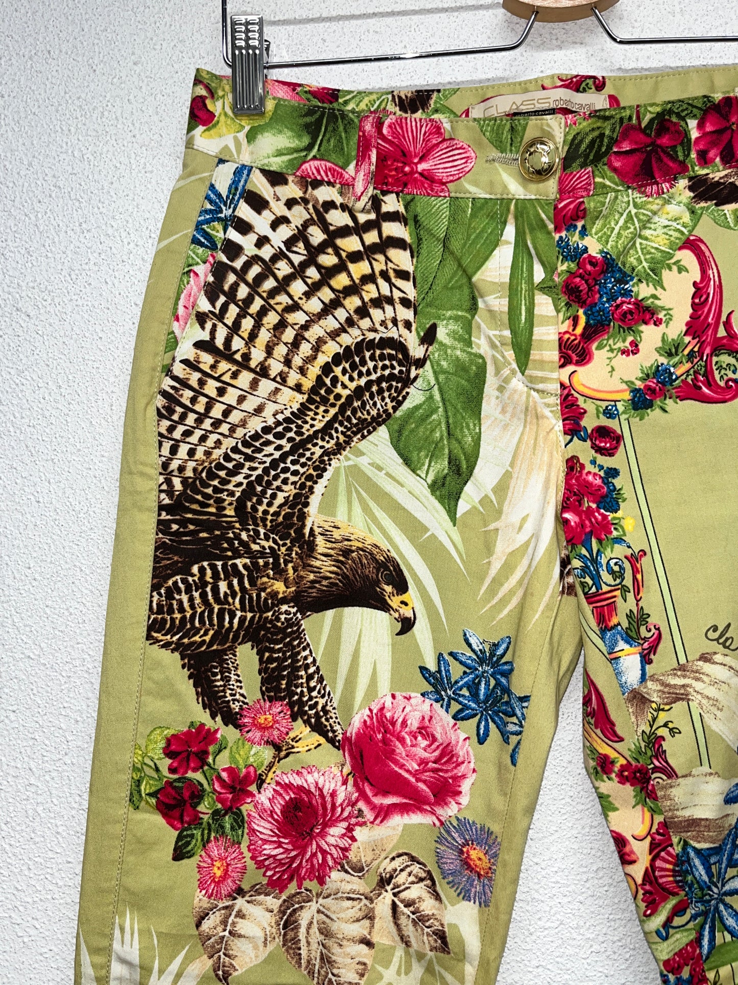 ROBERTO CAVALLI tropical pattern trousers with golden details (M)