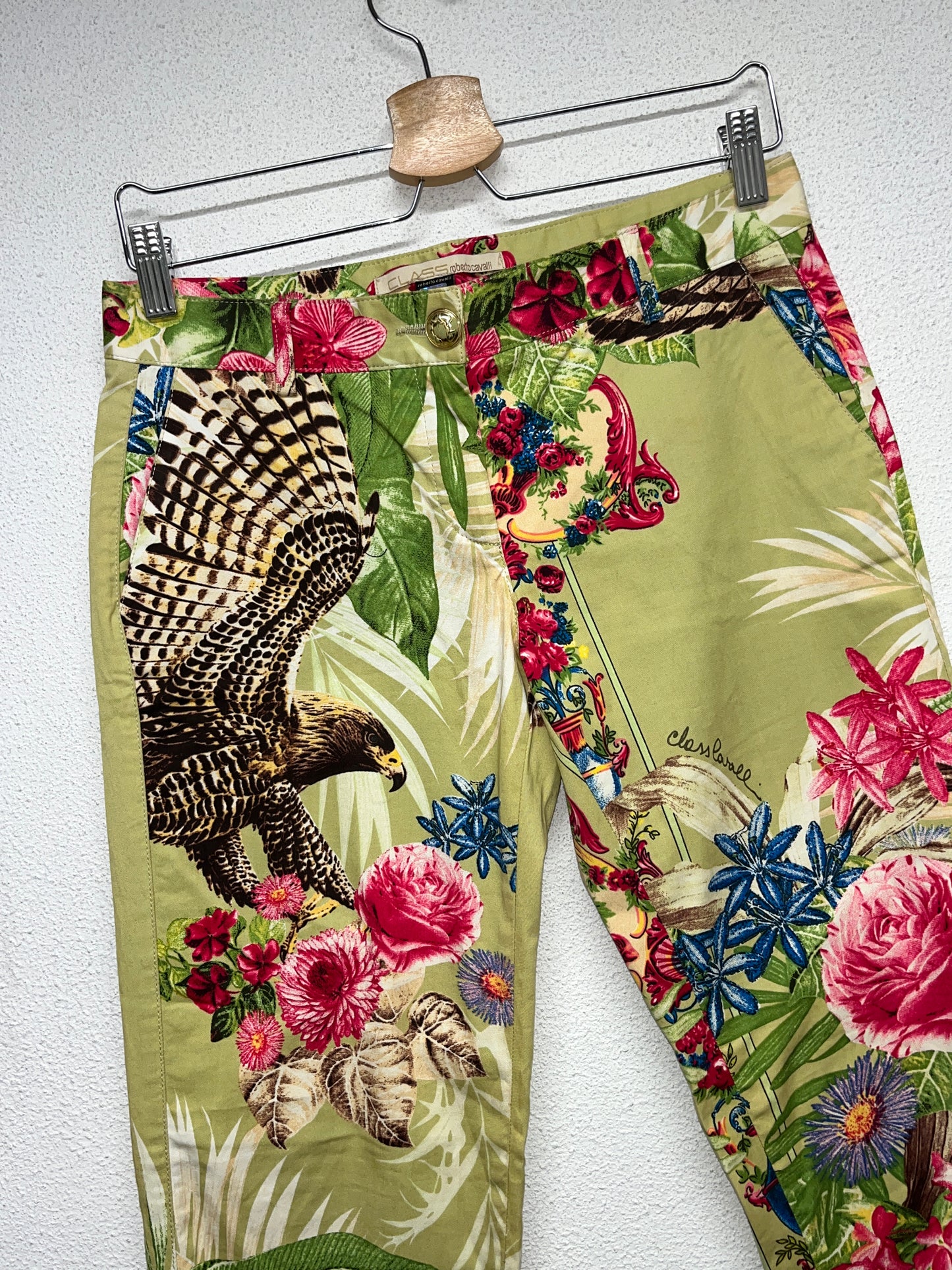 ROBERTO CAVALLI tropical pattern trousers with golden details (M)