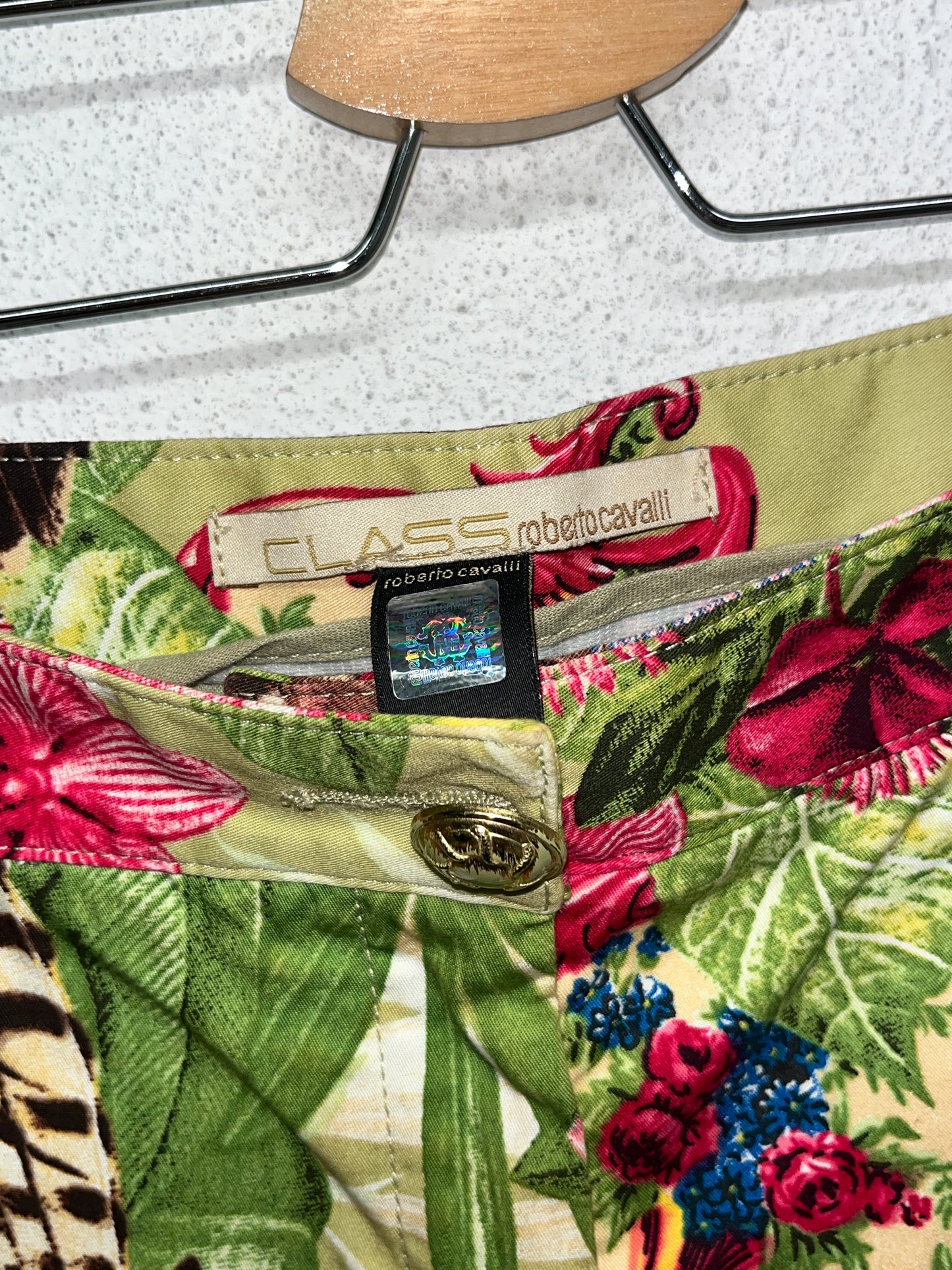 ROBERTO CAVALLI tropical pattern trousers with golden details (M)