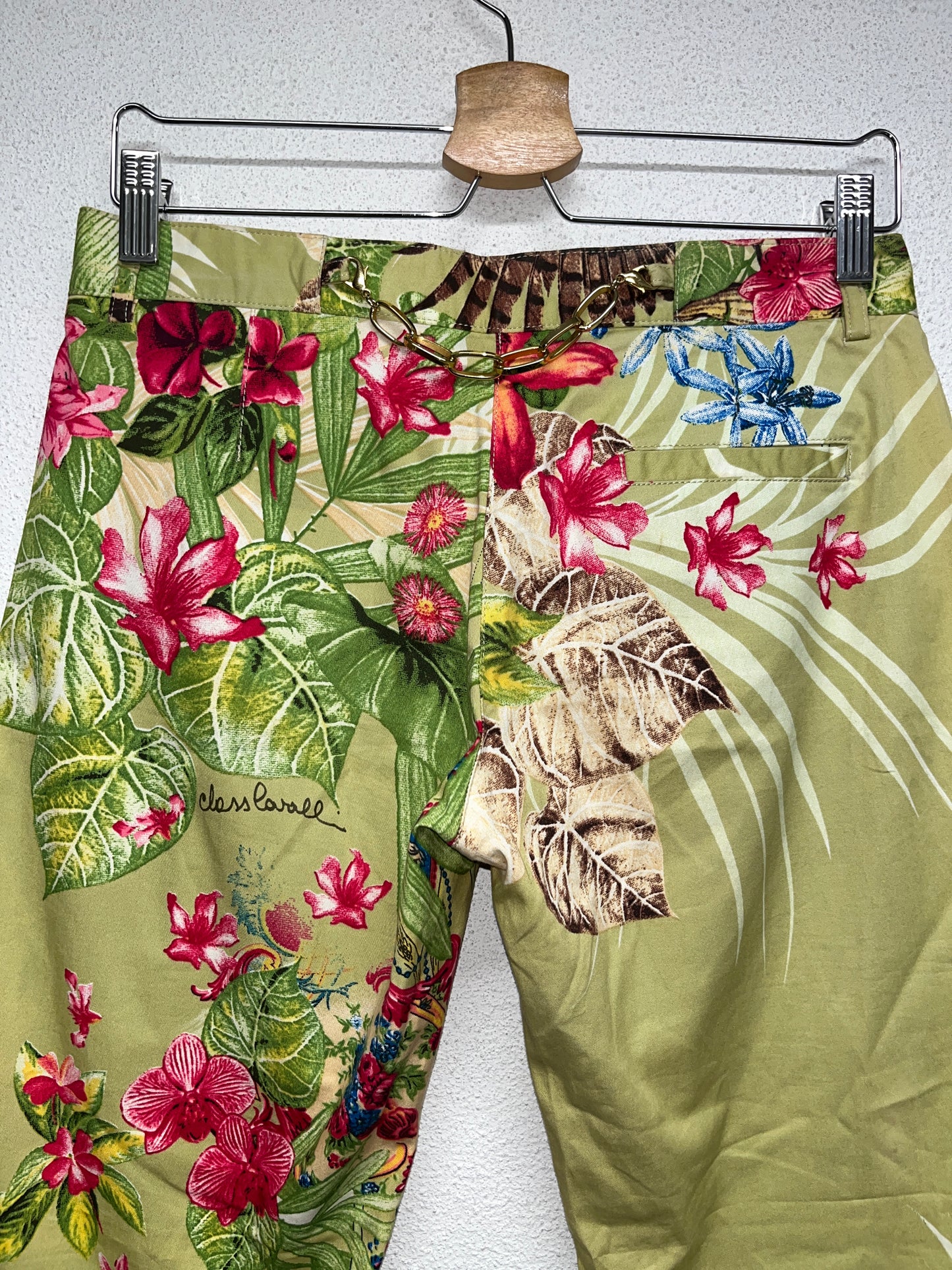 ROBERTO CAVALLI tropical pattern trousers with golden details (M)