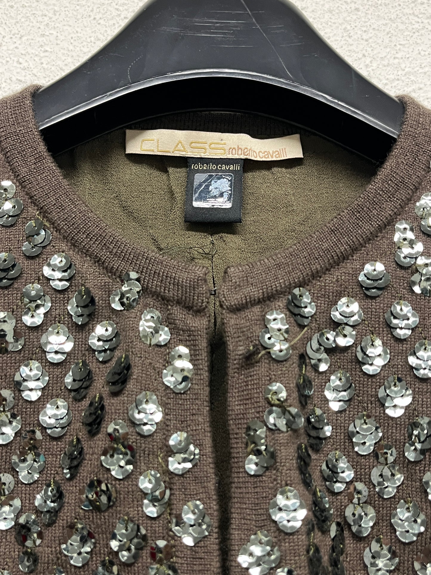 ROBERTO CAVALLI Class cavalli wool sequin khaki cropped cardigan (XS)