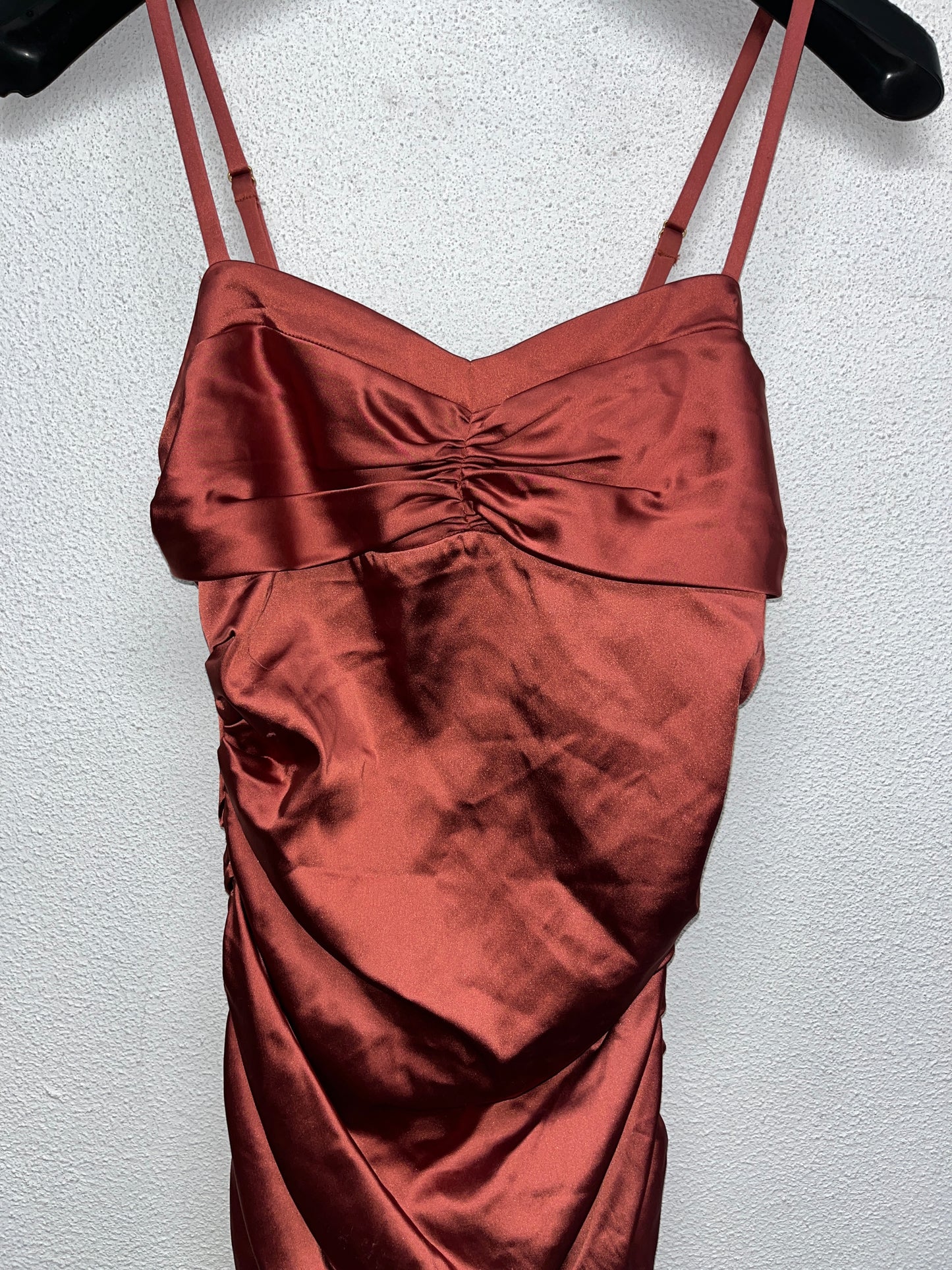 ROBERTO CAVALLI acetate shiny Burgundy ruffled quilted strap midi dress (M)