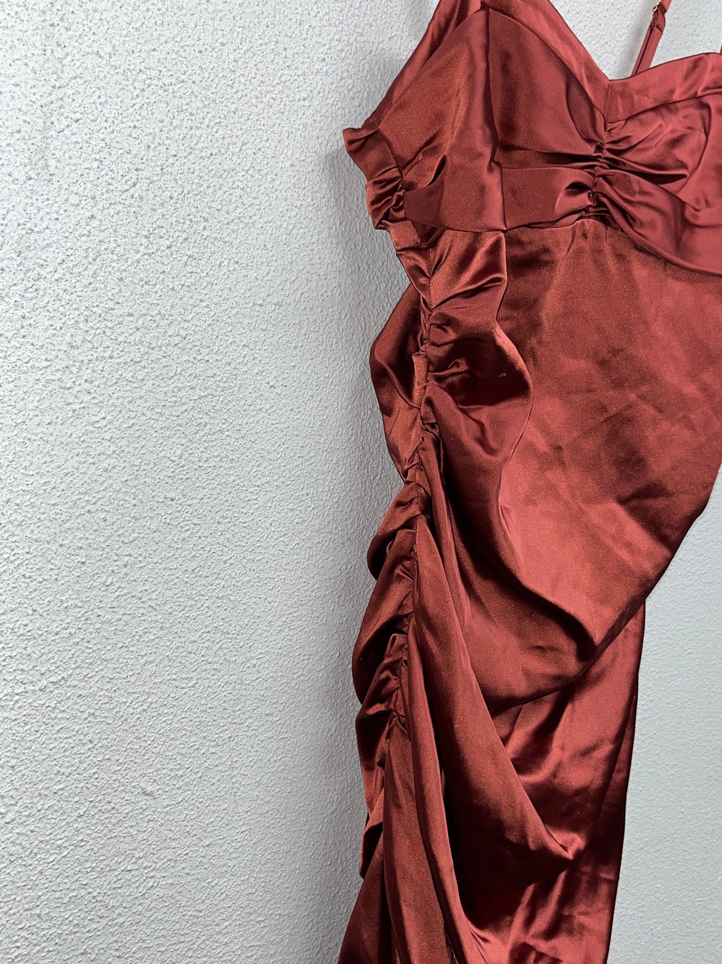 ROBERTO CAVALLI acetate shiny Burgundy ruffled quilted strap midi dress (M)