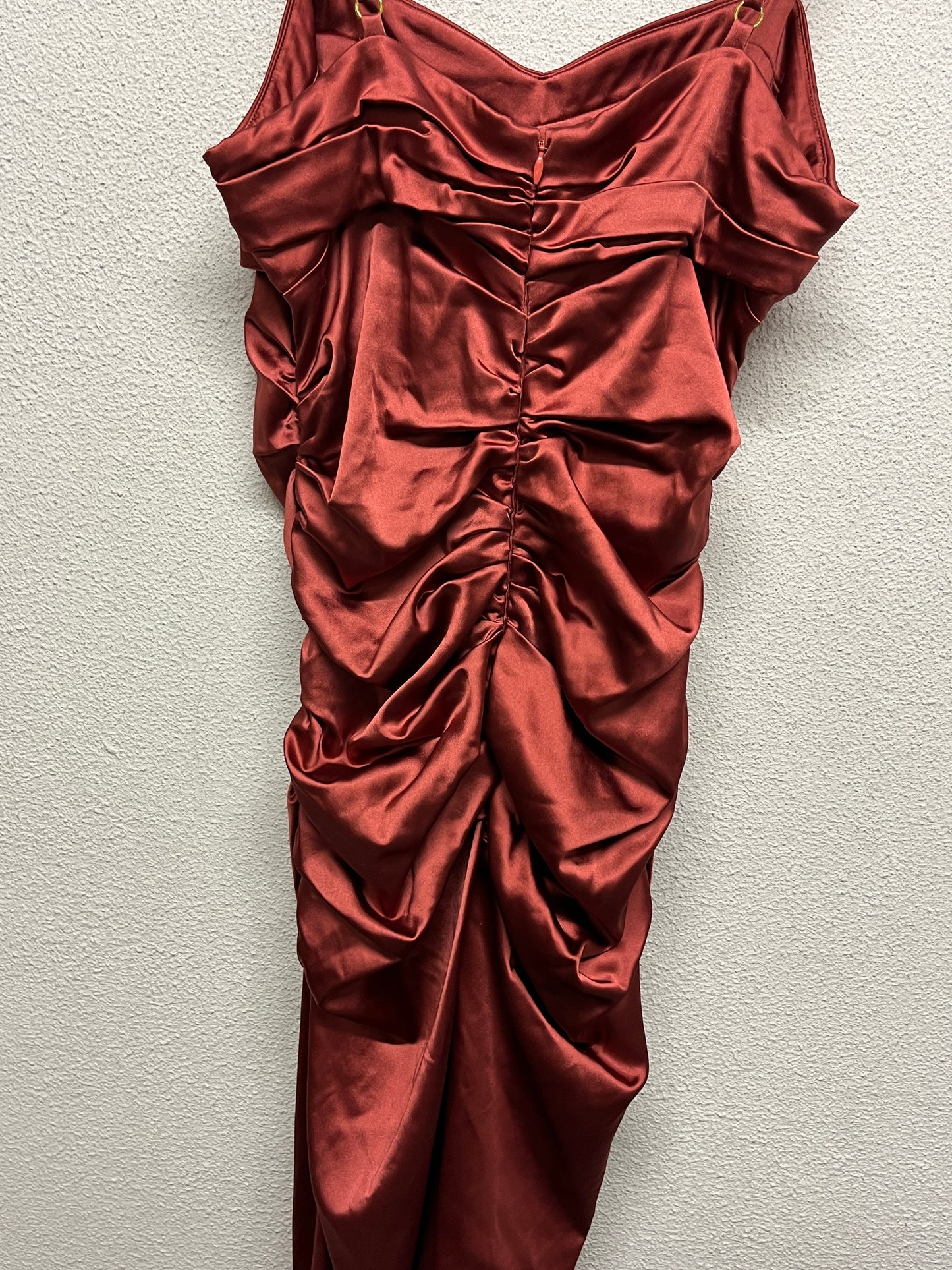 ROBERTO CAVALLI acetate shiny Burgundy ruffled quilted strap midi dress (M)