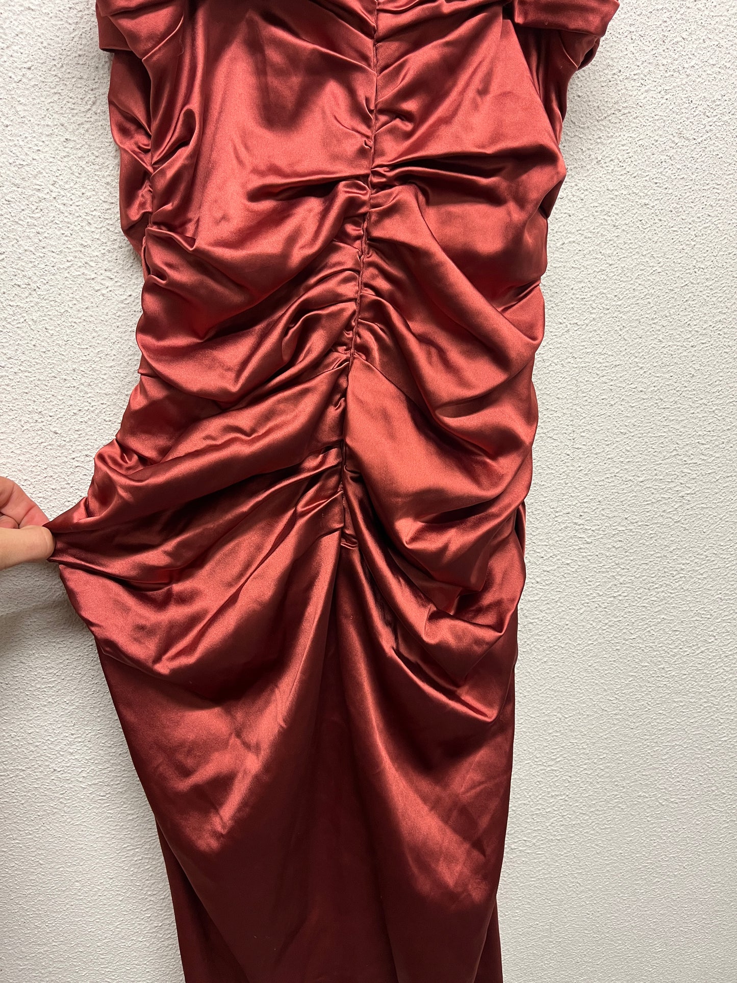ROBERTO CAVALLI acetate shiny Burgundy ruffled quilted strap midi dress (M)