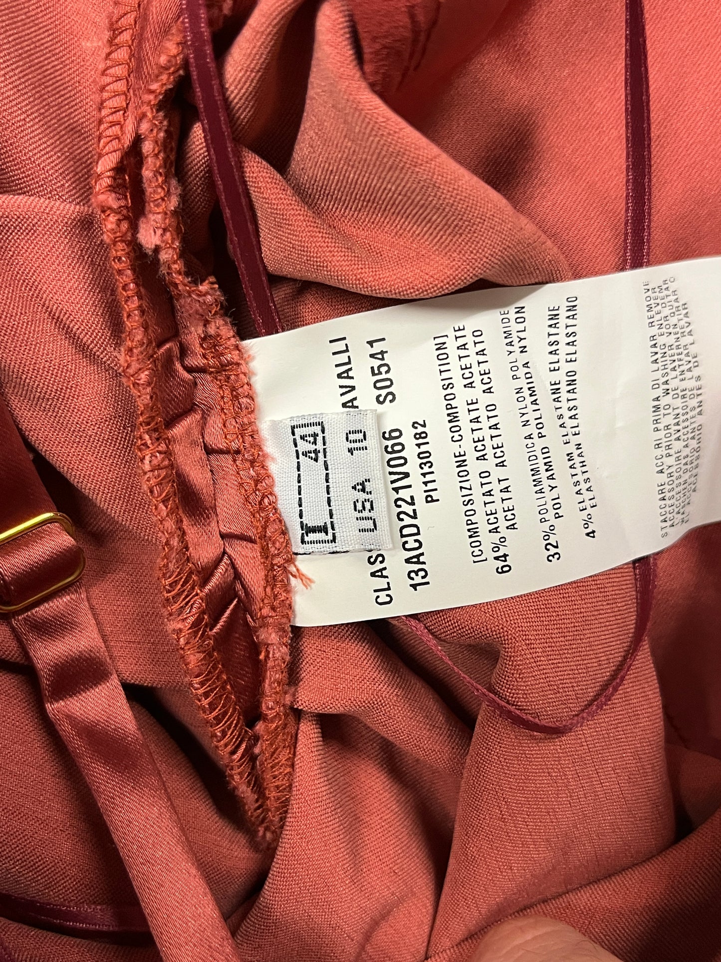 ROBERTO CAVALLI acetate shiny Burgundy ruffled quilted strap midi dress (M)