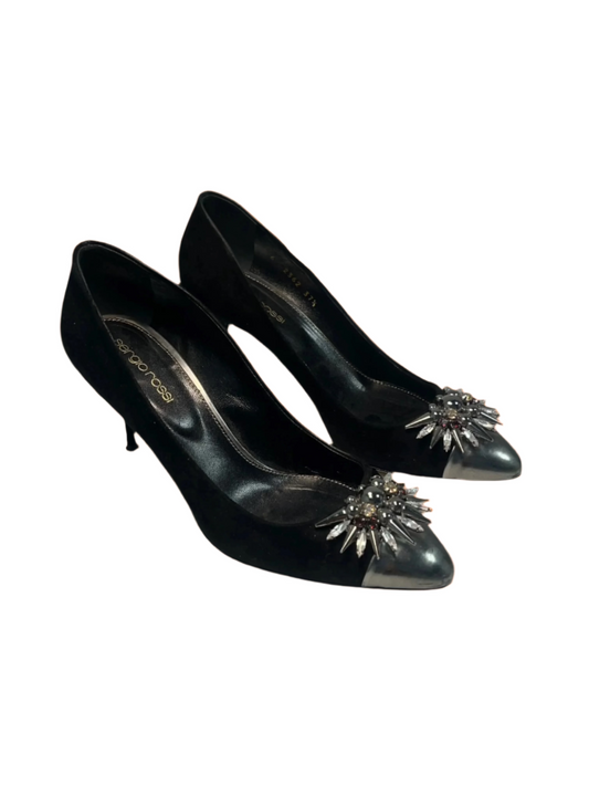 SERGIO ROSSI black leather Shoes with embellished silver details (37.5)