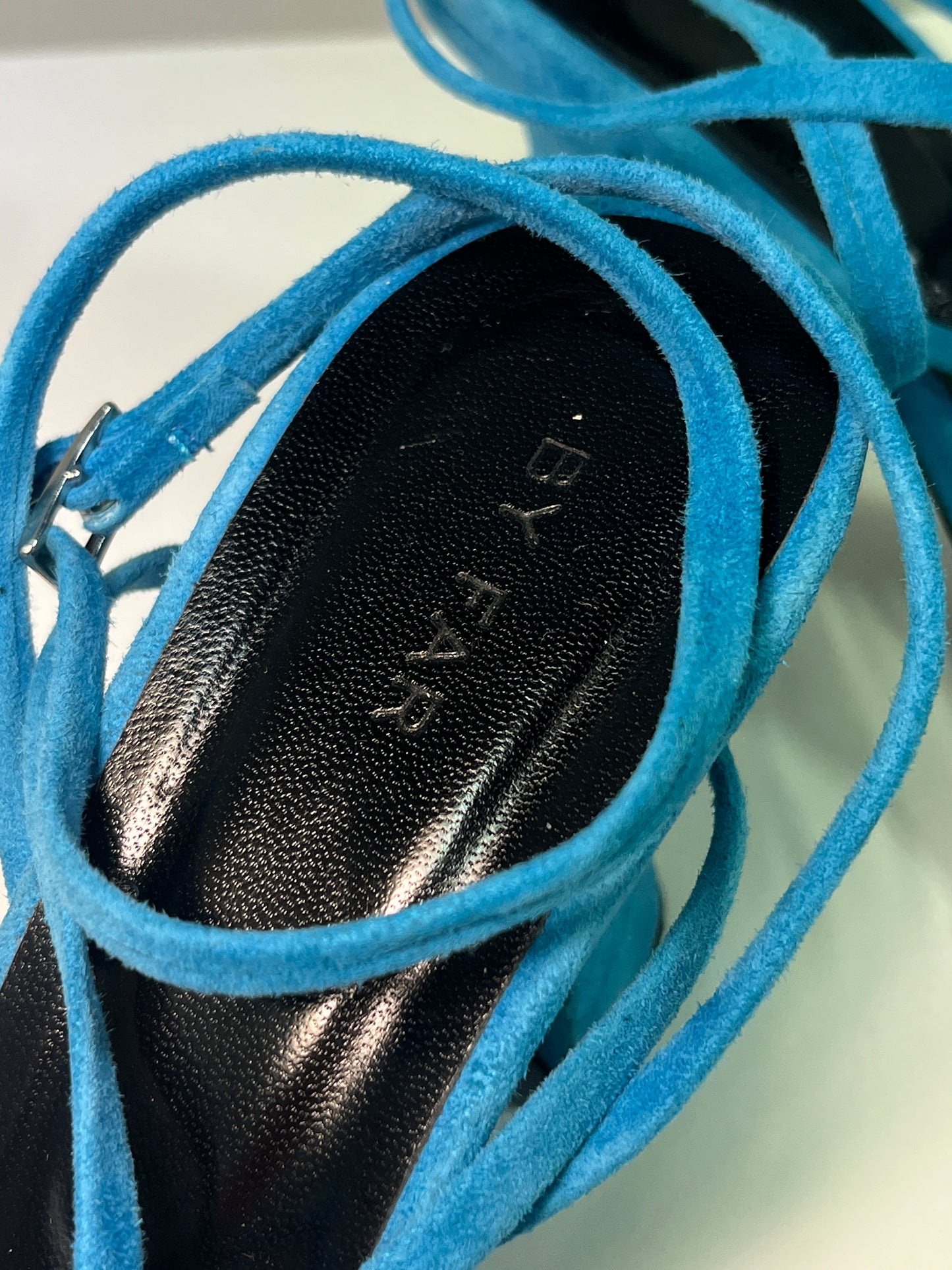 BY FAR blue suede sandal heels (39)