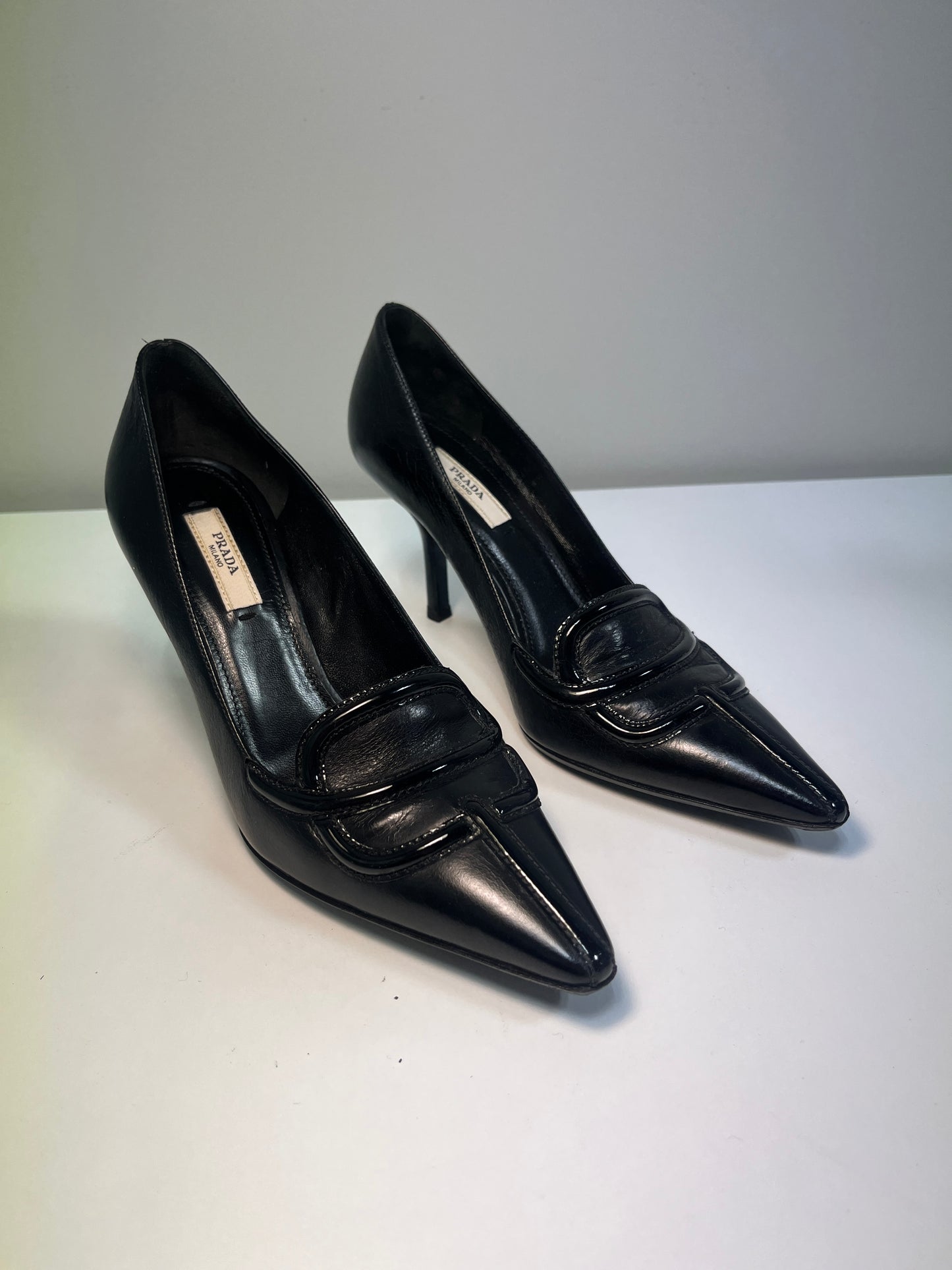 PRADA black leather biker pointy heels (37EU)