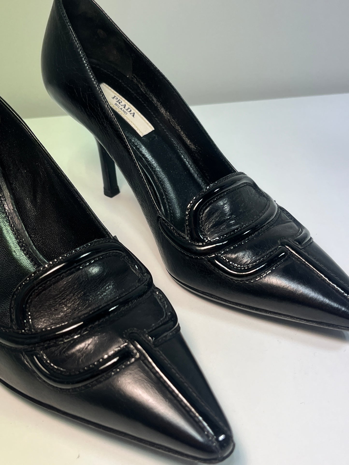 PRADA black leather biker pointy heels (37EU)