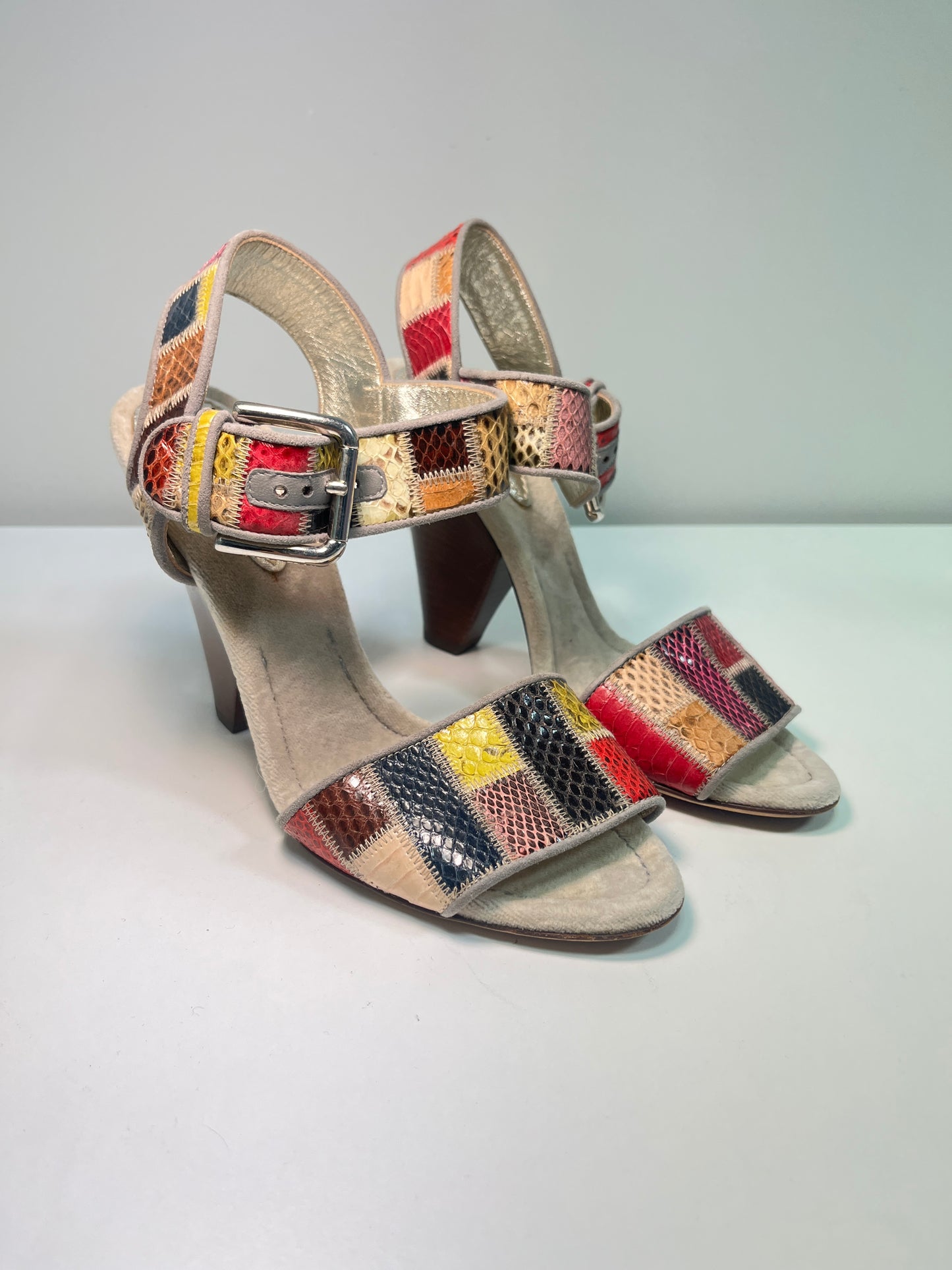 DOLCE & GABBANA leather patchwork sandal heels with wood platform (38)
