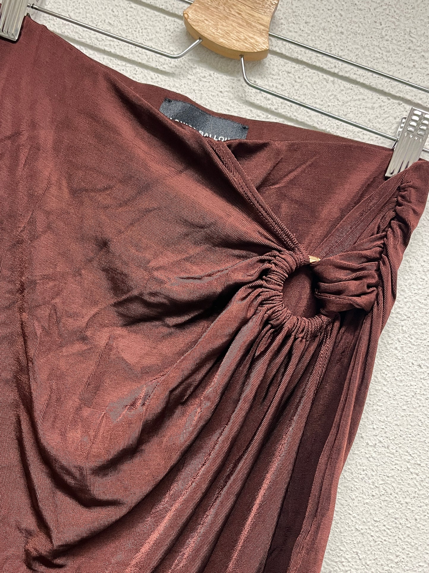 LOUISA BALLOU brown asymmetrical draped midi skirt with golden hoop (XL)