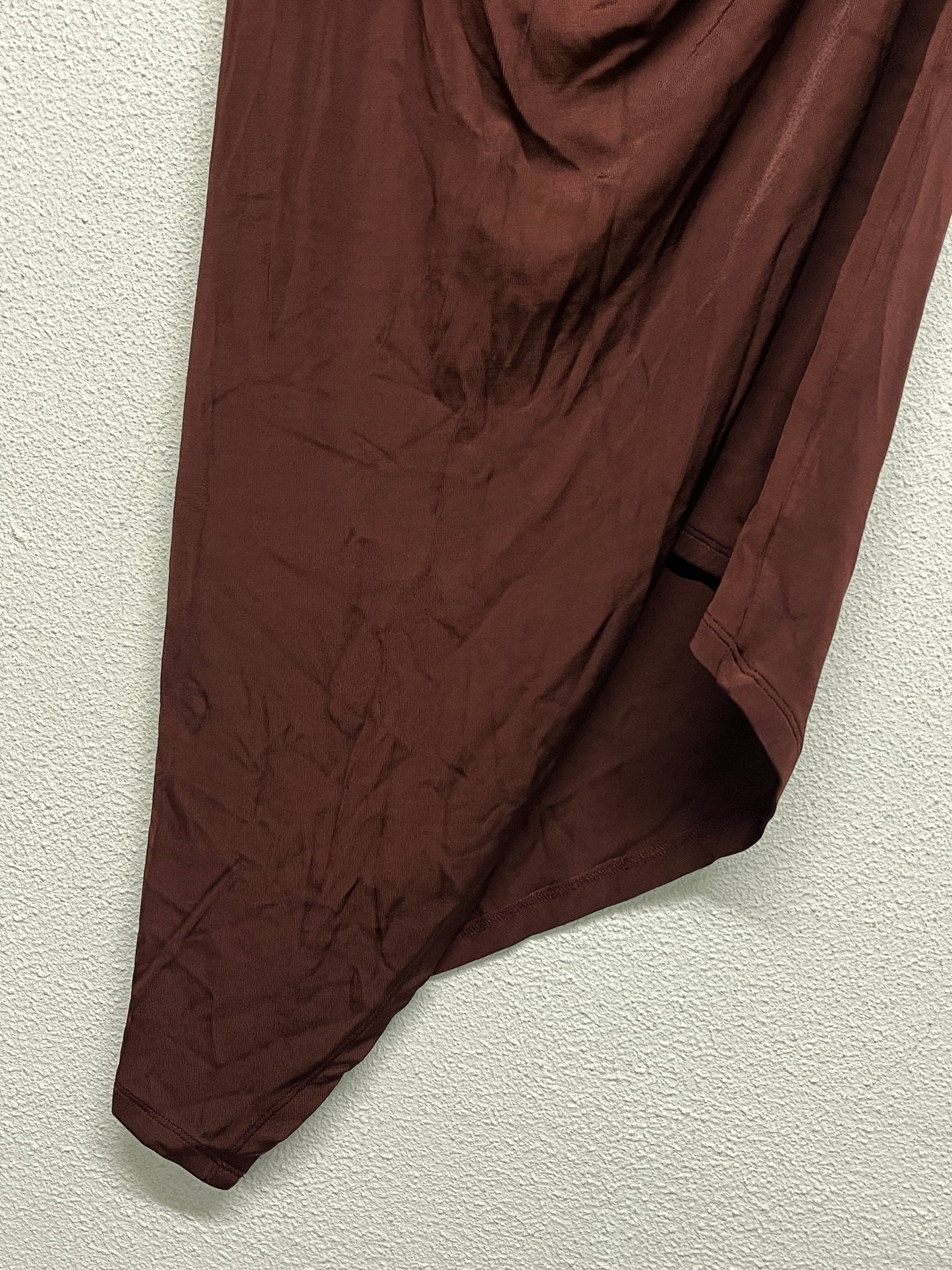 LOUISA BALLOU brown asymmetrical draped midi skirt with golden hoop (XL)