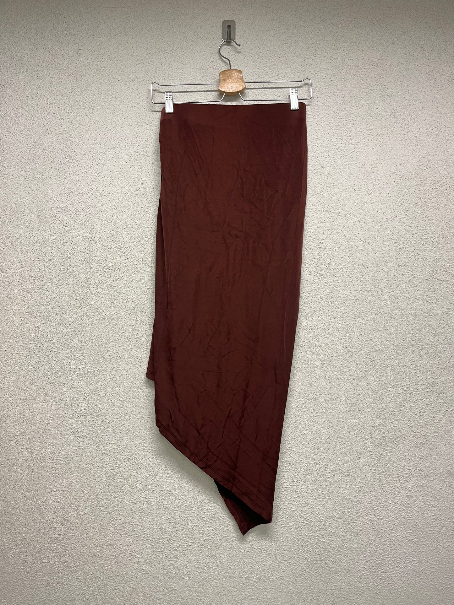 LOUISA BALLOU brown asymmetrical draped midi skirt with golden hoop (XL)