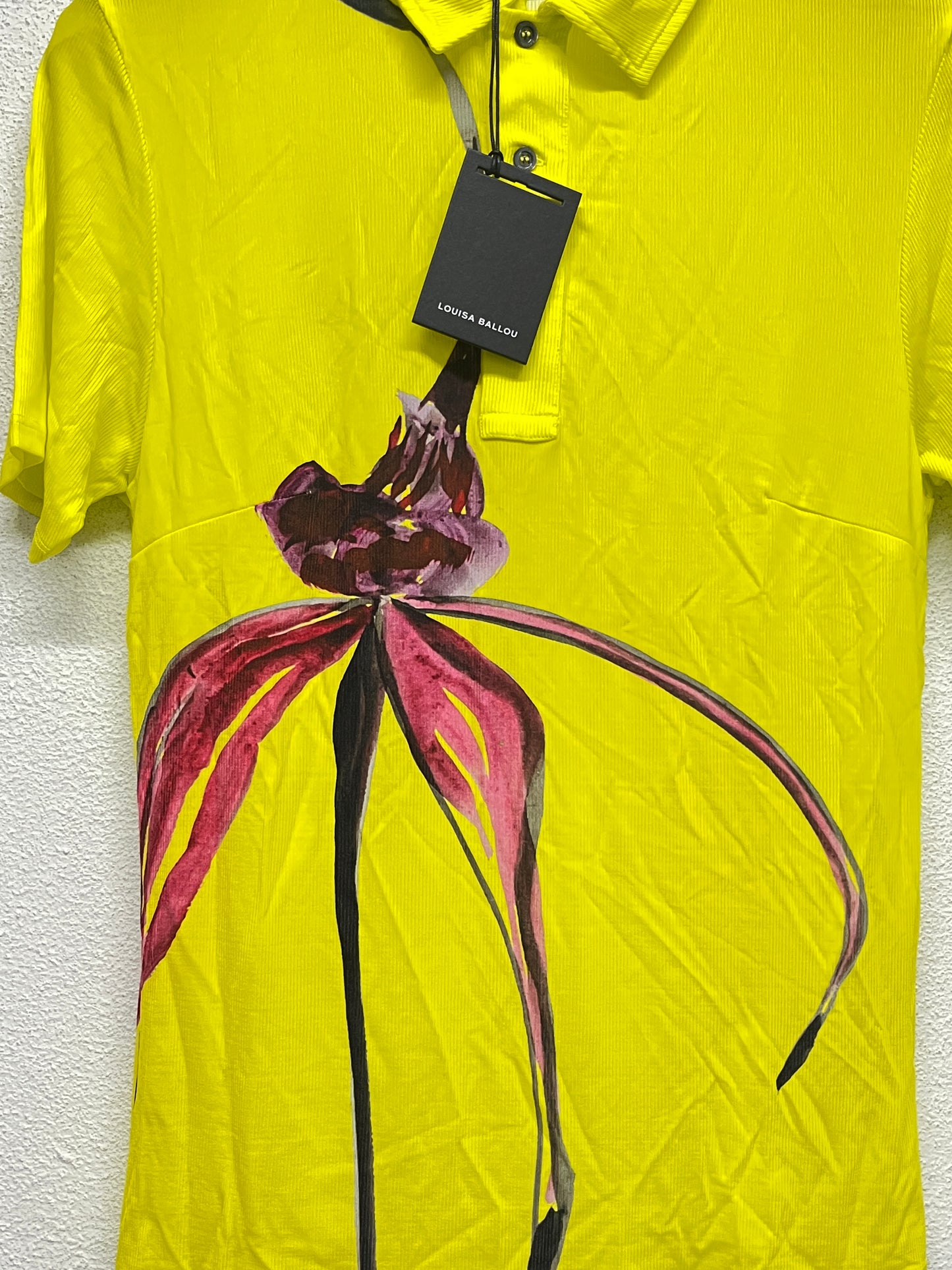 LOUISA BALLOU graphic flower yellow ribbed polo shirt (XL)