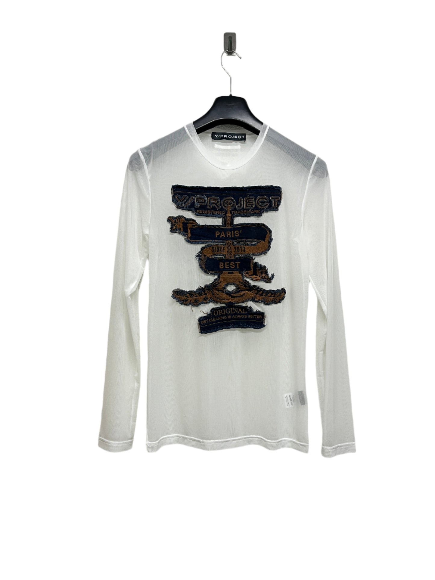 Y/PROJECT Paris Best white mesh longsleeve top with denim maxi patch (L)