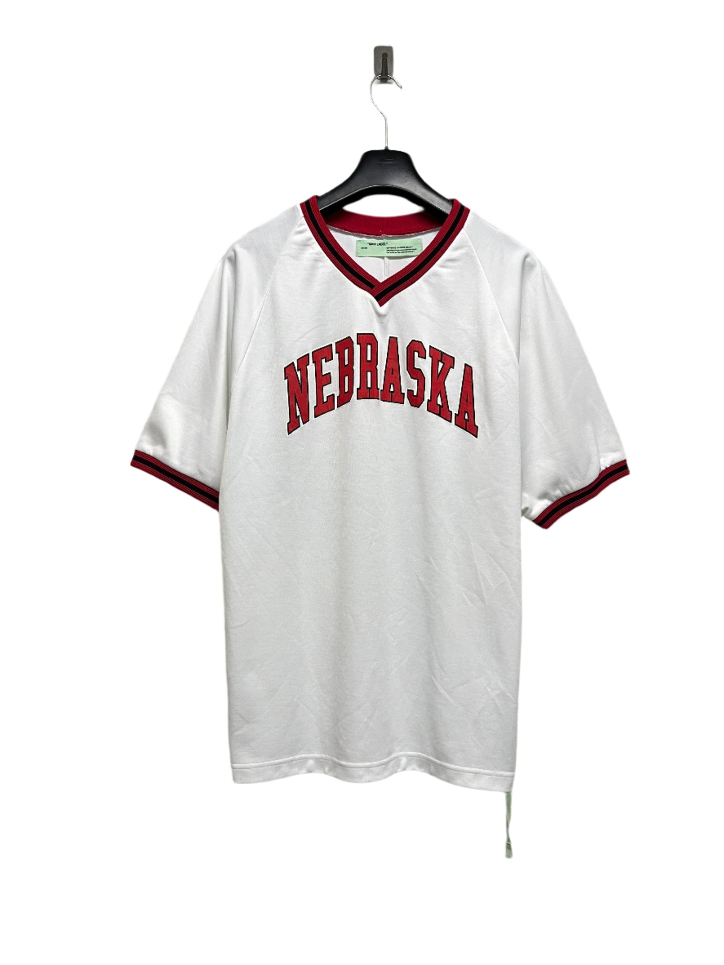OFF-WHITE by Virgil Abloh rare white 'Nebraska' v-neck graphic jersey t-shirt (XL)
