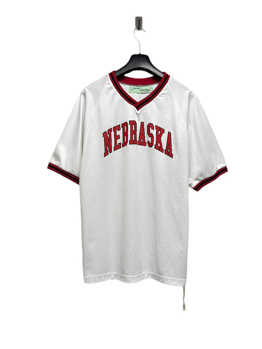 OFF-WHITE by Virgil Abloh rare white 'Nebraska' v-neck graphic jersey t-shirt (XL)
