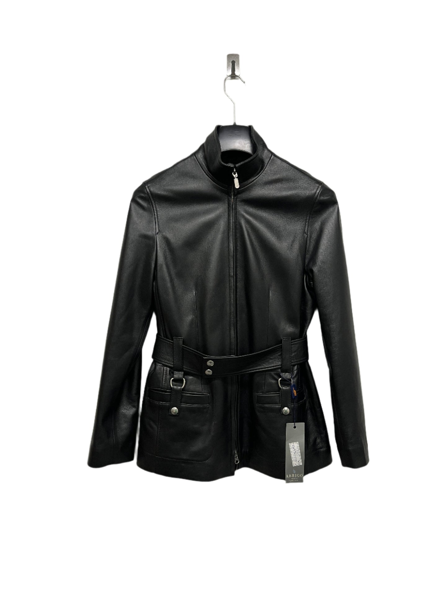 VINTAGE black zipped and belted leather jacket (M)