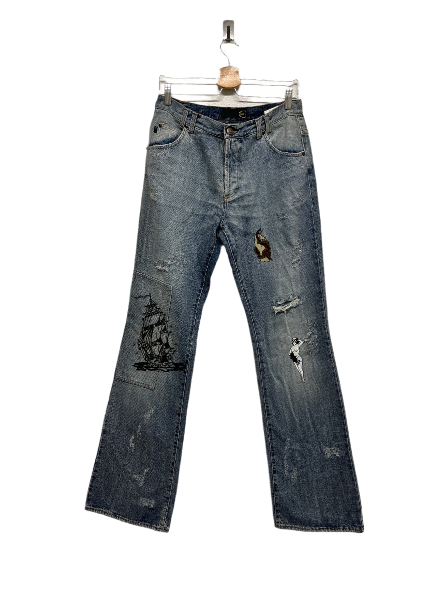 ROBERTO CAVALLI just cavalli tattoo graphic distressed denim bootcut trousers (M)