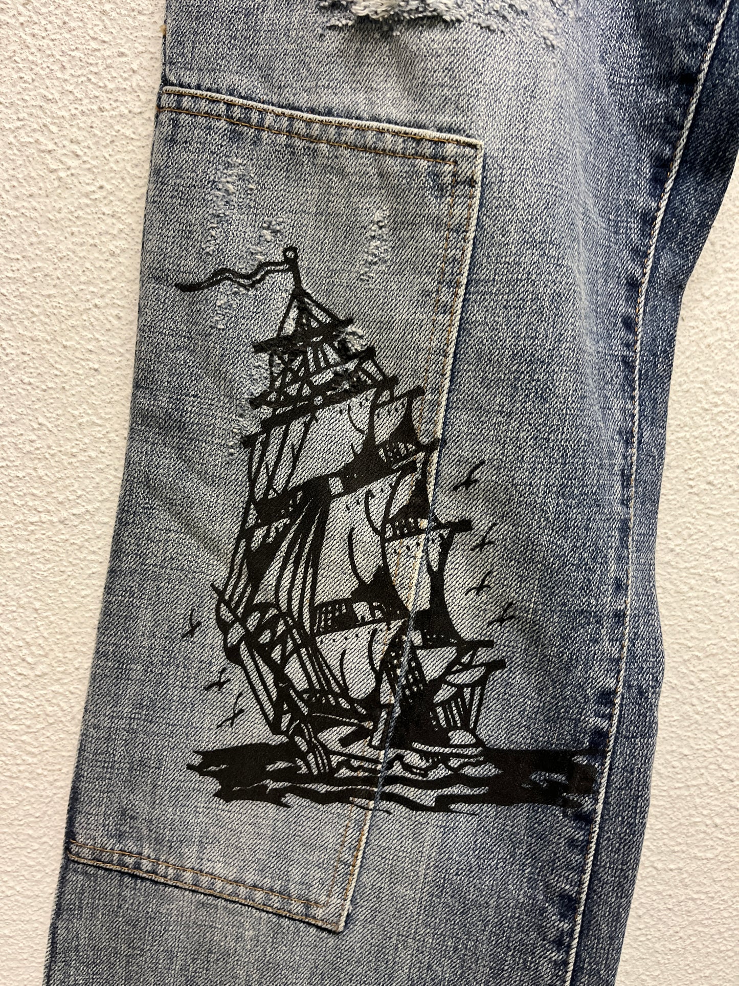 ROBERTO CAVALLI just cavalli tattoo graphic distressed denim bootcut trousers (M)