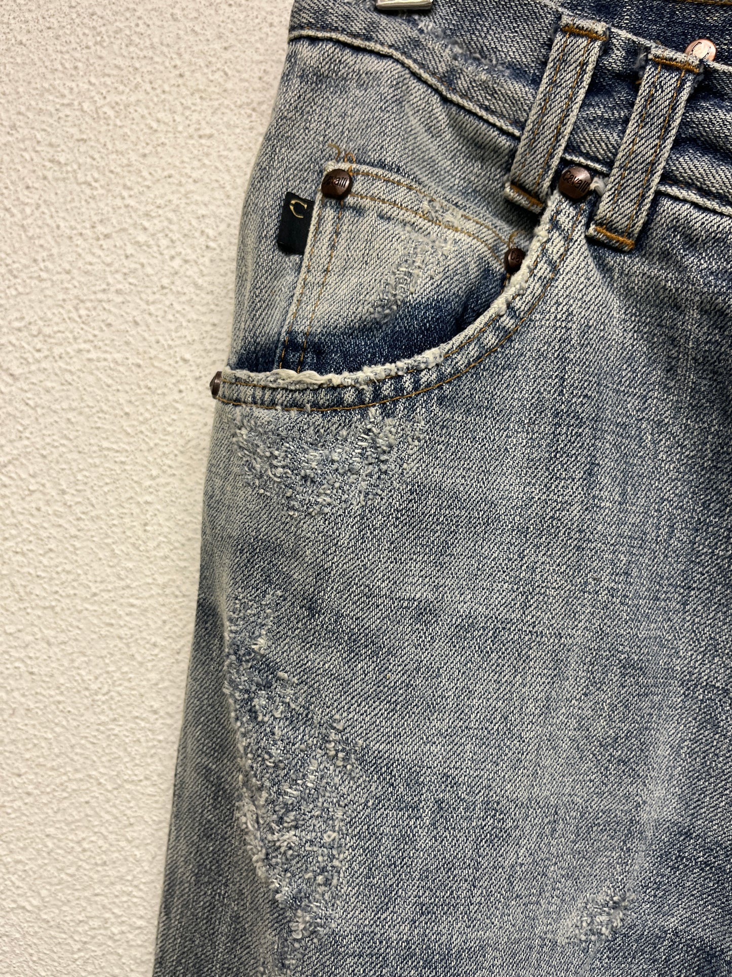 ROBERTO CAVALLI just cavalli tattoo graphic distressed denim bootcut trousers (M)