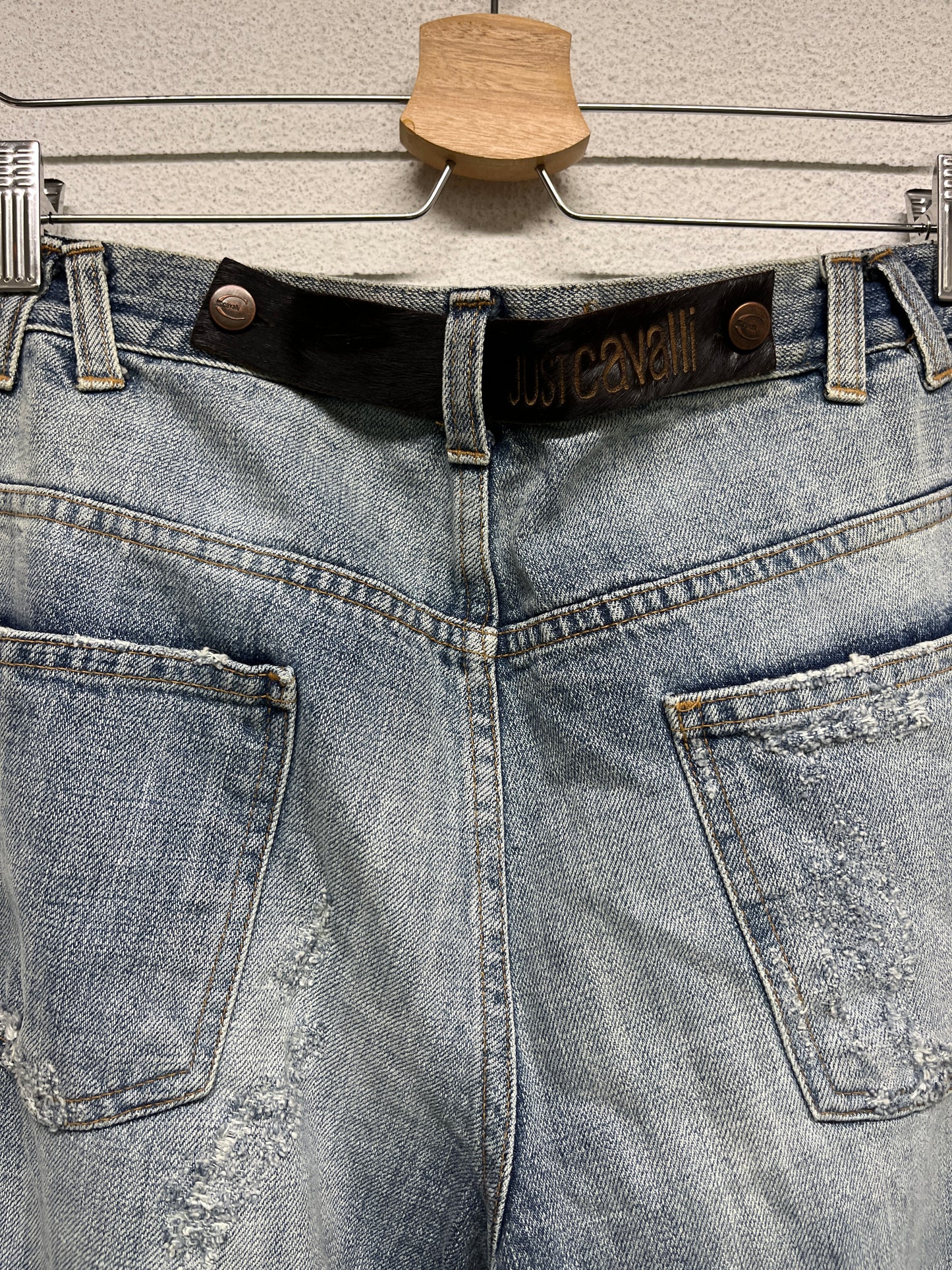 ROBERTO CAVALLI just cavalli tattoo graphic distressed denim bootcut trousers (M)