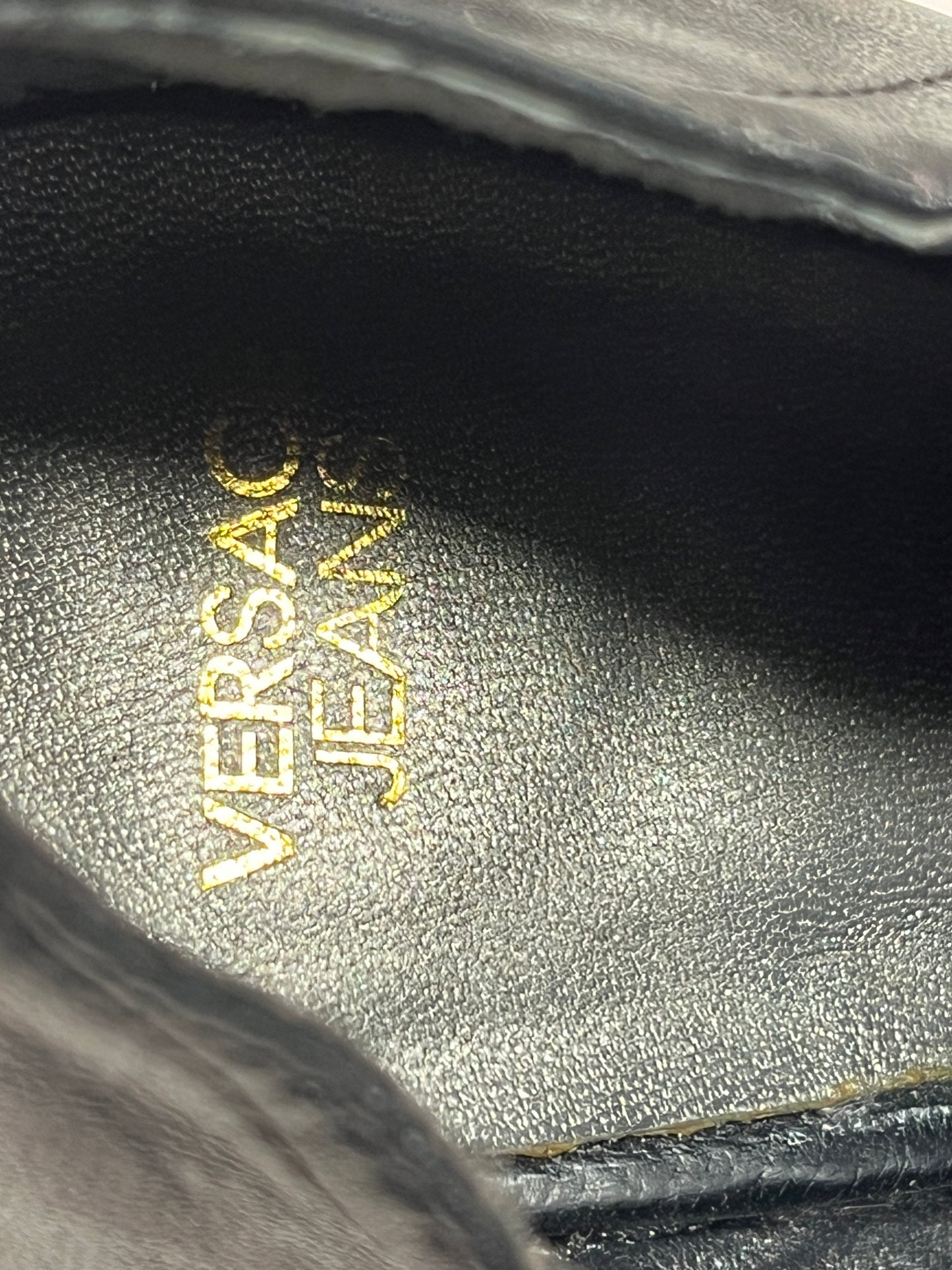 VERSACE Jeans Couture black leather chromed belted stiletto boots heels (39)
