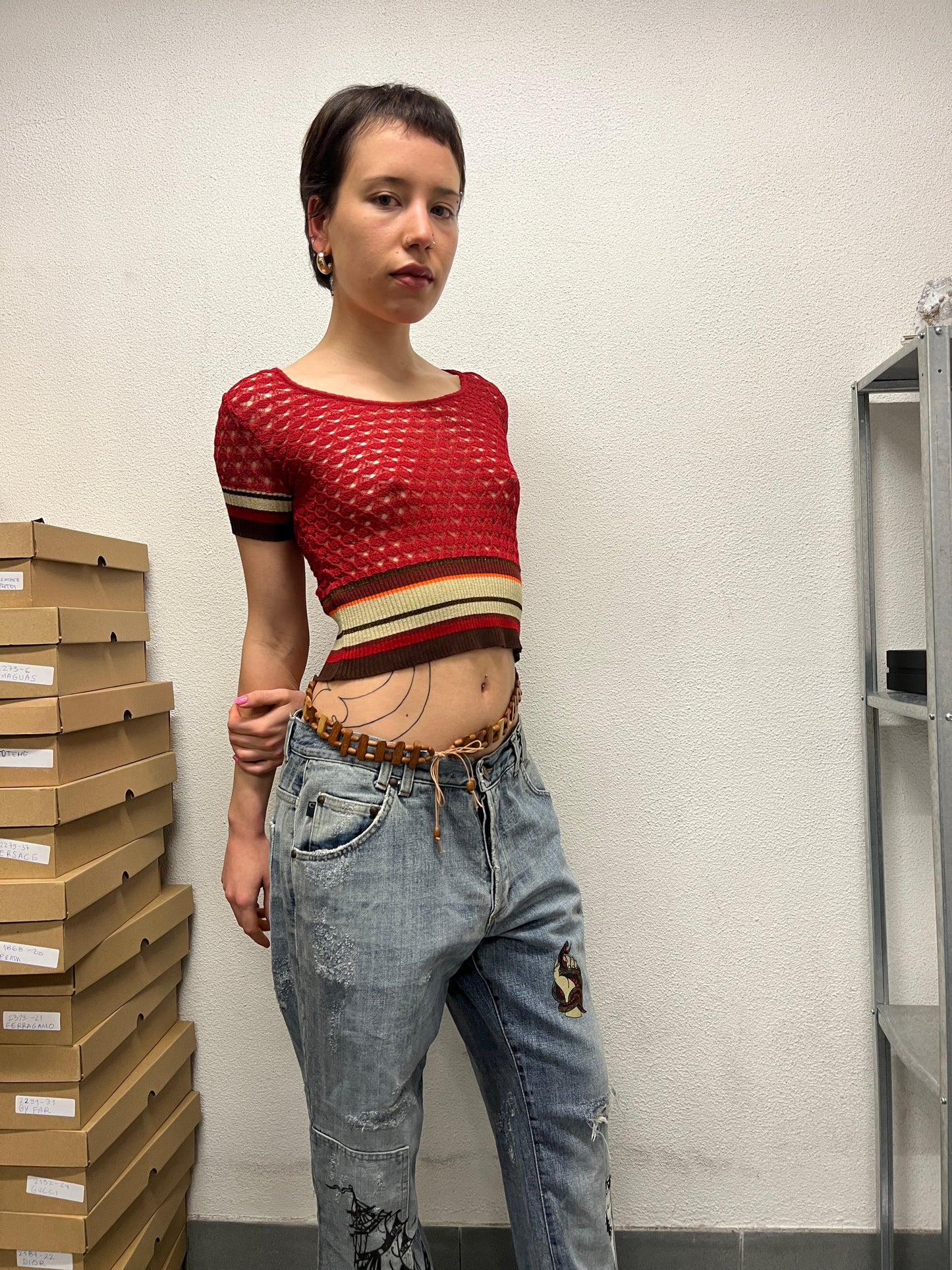 DOLCE & GABBANA red ribbed crochet cropped blouse (S)